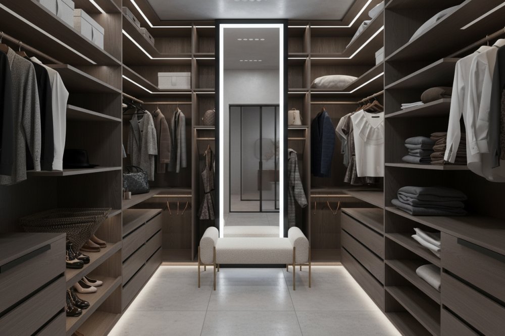 Гардеробная в серо-деревянных тонах с большим зеркалом