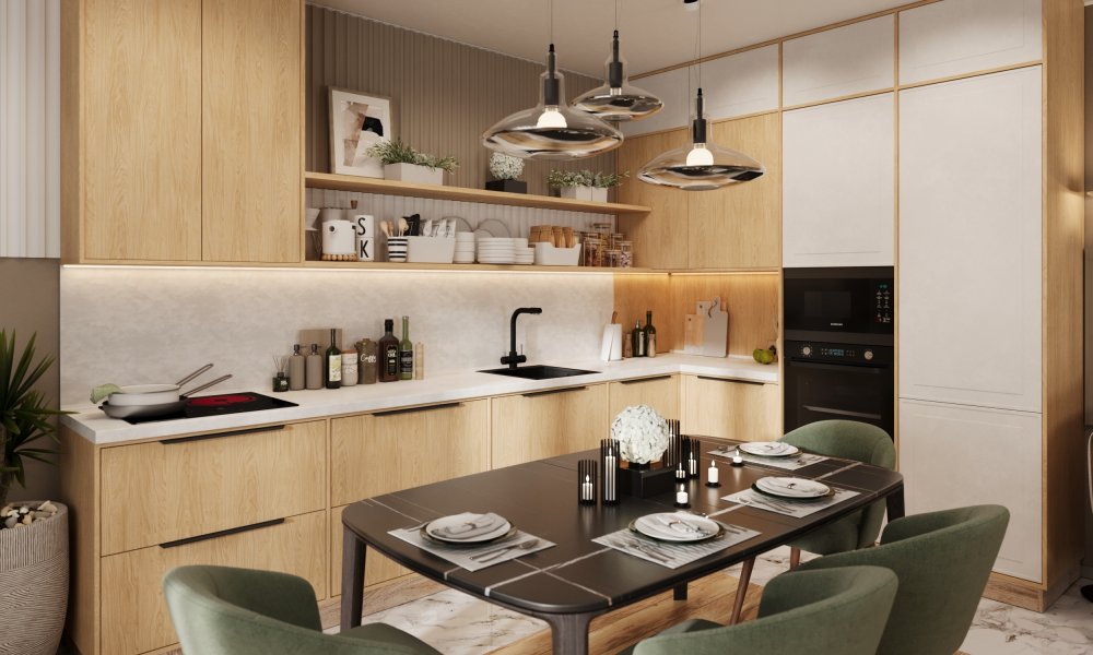 Кухня в светлом дереве с открытыми полками