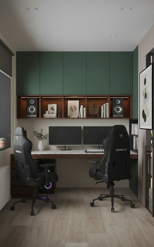 Двойное рабочее место в зелёных и деревянных тонах