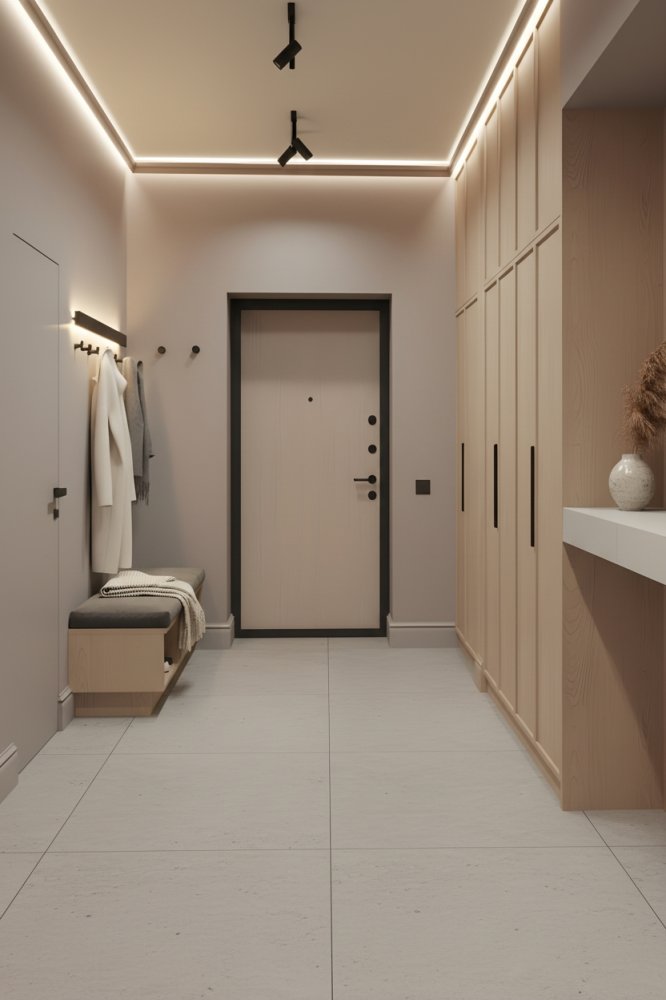 Светлая прихожая с вместительным шкафом и мягкой зоной