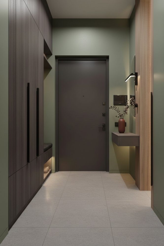 Компактная прихожая в зелёно-древесных тонах с подвесной консолью