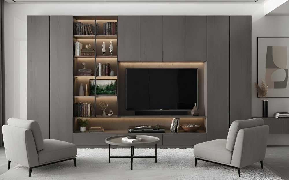 ТВ зона и система хранения в серых оттенках