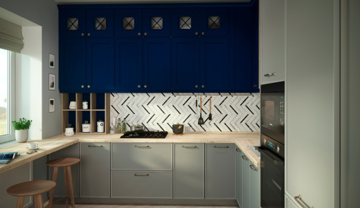 Кухня в современном стиле с синими верхними фасадами и продолжением столешницы под подоконник