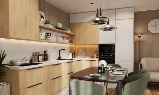 Кухня в светлом дереве с открытыми полками