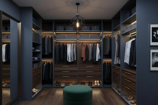 Современная гардеробная в темно-синих и древесных тонах