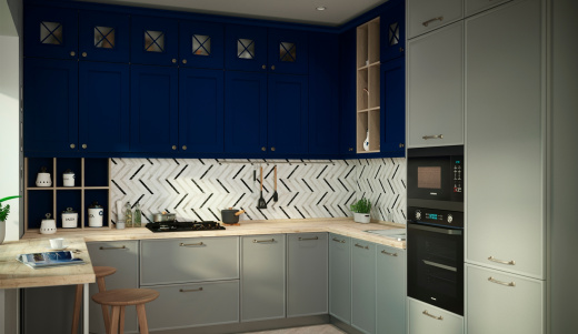 Кухня в современном стиле с синими верхними фасадами и продолжением столешницы под подоконник
