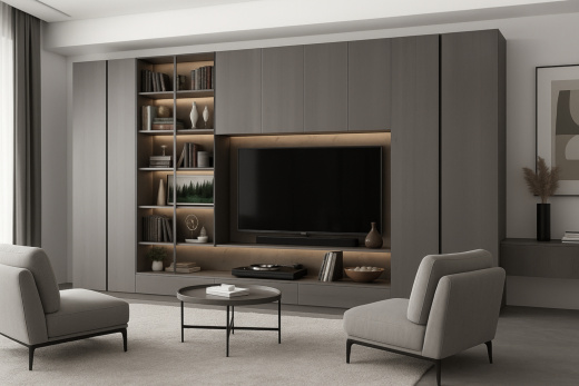 ТВ зона и система хранения в серых оттенках