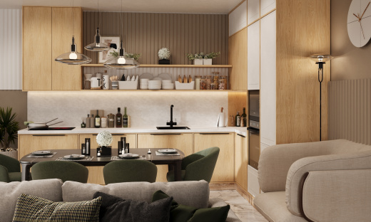 Кухня в светлом дереве с открытыми полками