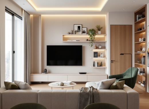 Гостиная с акцентными полками