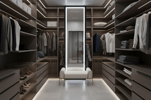 Гардеробная в серо-деревянных тонах с большим зеркалом