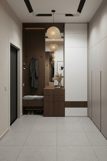 Уютная прихожая в природных оттенках с встроенным хранением